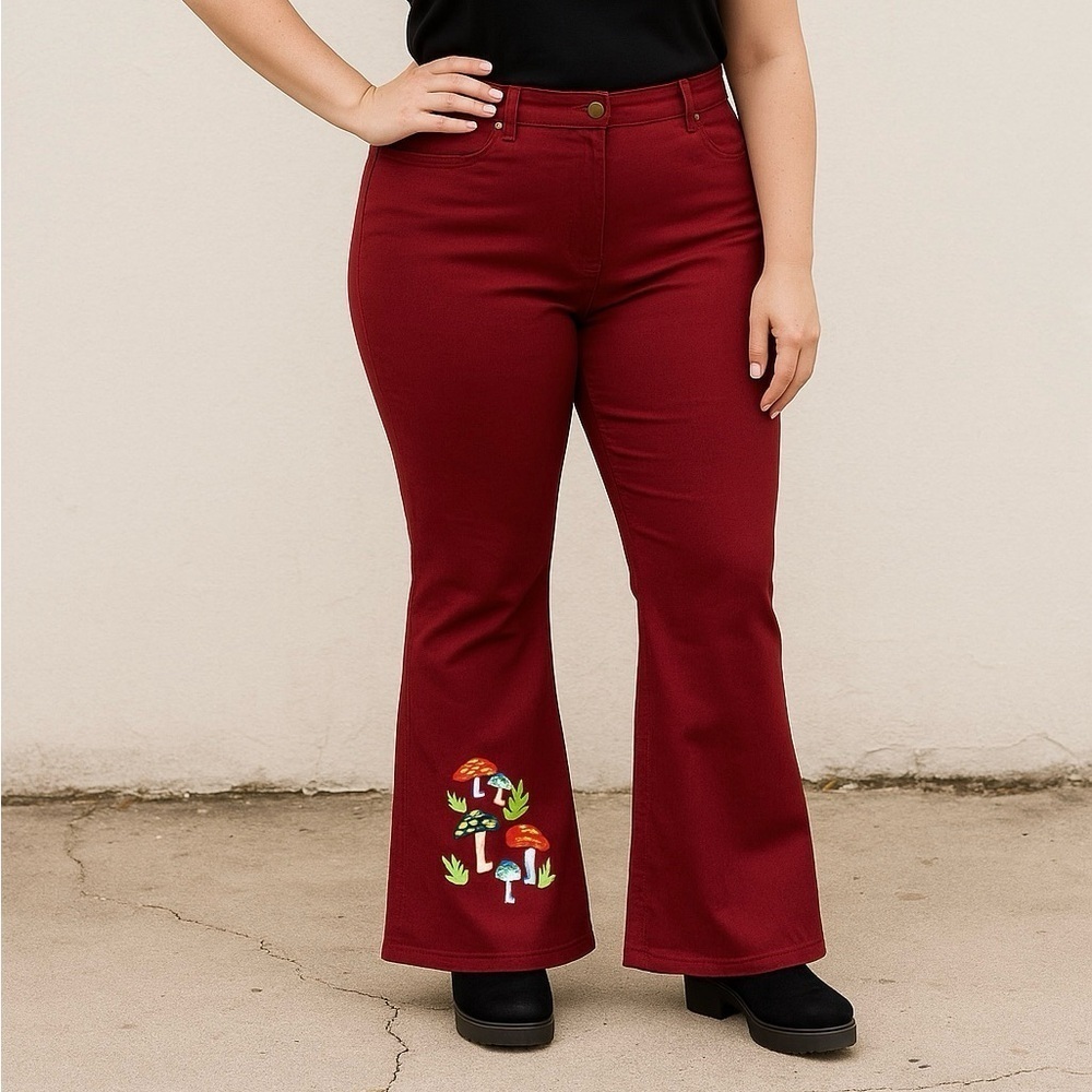 Unique Vintage Bell Bottom Pants 2X NWT Red Mushroom Embroidered Retro 70s Flare